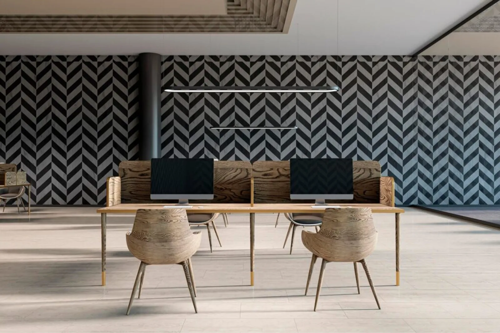 Modern Office Interior With Wooden Desks Chairs Patterned Walls Spacious Workspace 3D Rendering 670147 118211